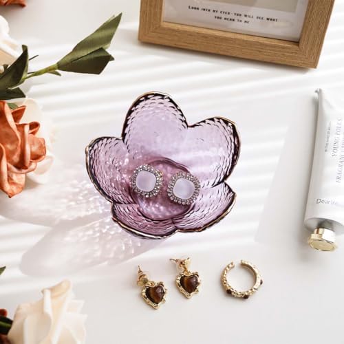 Gifts for Women Purple Flower Jewelry Ring Dish Tray,Decorative Glass Trinket Dish,Room Decor Aesthetic, Modern Accent Tray for Vanity (Purple A) - color: Purple A
