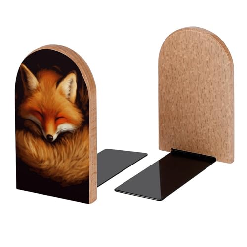 Red Fox Sleeping Book Ends Decorative Wood Bookends for Shelves Kids Room Desk Home Office Book Stoppers for Magazines,Books, DVDs, 1 Pair/2 Pieces(5x3.1 in)