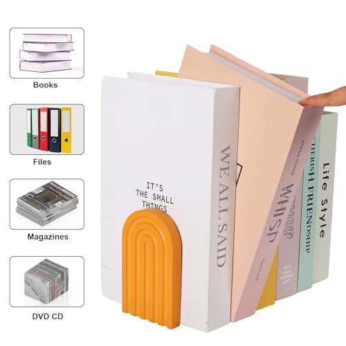 JarThenaAMCS 6Pcs Boho Arch Wood Bookends Colorful Book Stand Non Skid Decorative Rainbow Book Ends for Holding Books Movies CDs