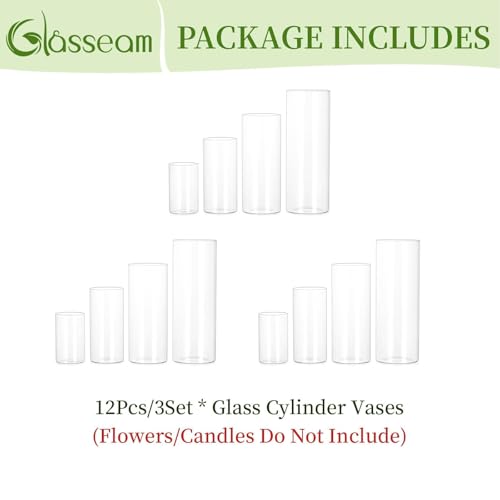 Glasseam Cylinder Glass Vases for Centerpieces: 12 Pack Clear Flower Vase Bulk 4" 6" 8" 10" Hurricane Floating Pillar Candle Holder - Modern Centerpiece for Wedding Dining Home Table Decor