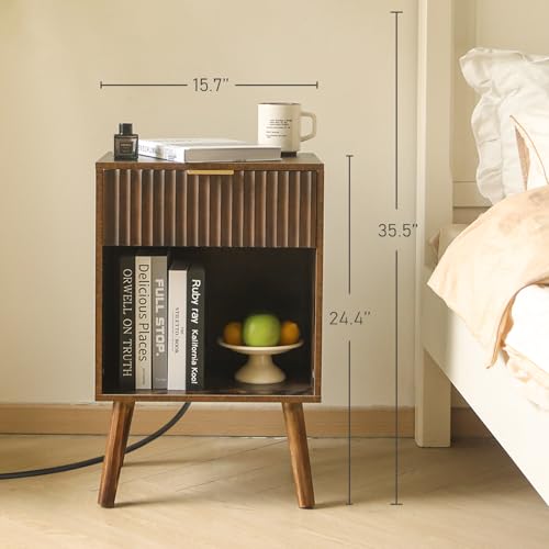 Fultyle Mid Century Modern Nightstand with Charging Station, Modern Bedside Table with Fluted Drawer and Storage Shelf, End Side Tables Living Room for Bedroom, Office (Rustic Brwon) - color: Rustic Brown With Charging Station