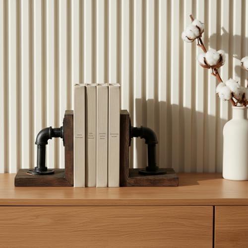 Industrial Decor Book Ends - Steampunk Decor Book Ends for Shelves, Resin Book Ends for Heavy Books, Mens Office Decor Bookends for Shelves, Unique Vintage Pipe Decorative Bookends - color: Black Brown