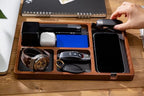 Shinpuru Wooden Valet Tray for Men, Nightstand Organizer with Leather Inlay, EDC Essentials Catchall Tray for Keys, Phone, Wallet, Watch, Earbuds - Bedside Desk Entryway Tray (Wood) - color: Brown