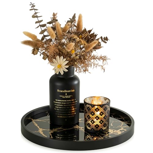 Hanobe Decorative Tray for Home Decor: Black Imitation Marble Round Serving Tray 11.8" Modern Coffee Table Centerpiece for Display Bar Table Living Room Entryway Kitchen Corner