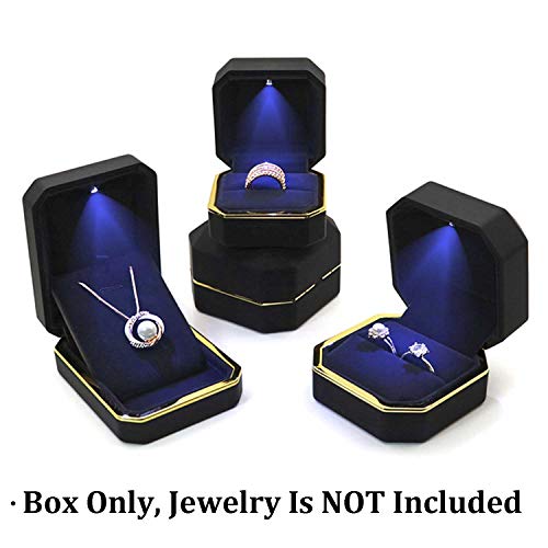 Luxury Ring Box, Square Velvet Wedding Ring Case Jewelry Gift Box with LED Light for Proposal Engagement Wedding, Black - color: Black, size: Ring Box