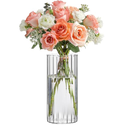 ComSaf Glass Cylinder Vases, Bud Vase for Centerpieces, 8 Inch Tall Ribbed Vase Hurricane Floating Candle Holder, Decorative Flower Vases for Wedding Reception, Home Decor, Housewarming Gift (Clear) - color: Clear