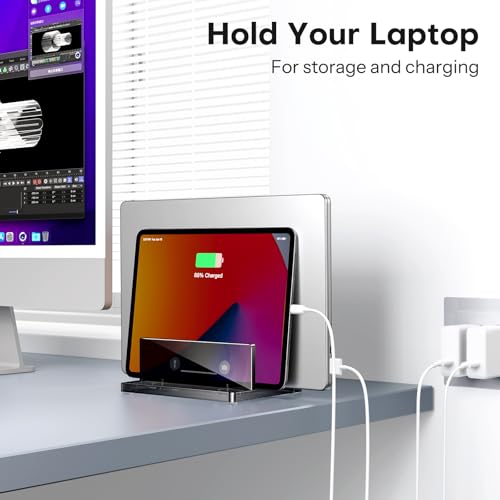 OMOTON Vertical Laptop Stand for Desk, Acrylic Laptop Holder Desktop Clear Adjustable Dock for MacBook Pro Air, HP, All Gaming Laptops up to 17” (Black, Dual Slot) - size: Dual-Black