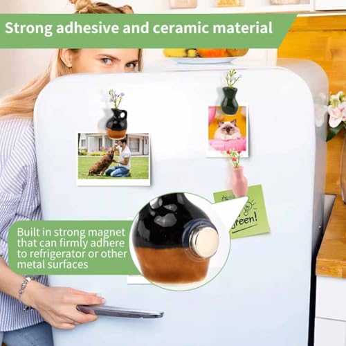 6 Packs Mini Ceramic Vase Magnets for Fridge, Fingertip Vase, Cute Tiny Plant Vase Fridge Magnets for Kitchen Refrigerator Office Locker Decoration with 6 Fake Flowers