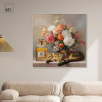 Art Remedy Cat Floral Vase Perfume Canvas Fashion Pet Art, Silver Frame, 40" x 40" - color: Silver Frame, size: 41"L x 41"W