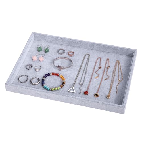 Mornajina 13.8" x 9.5" Velvet Jewelry Tray Jewelry Display Tray, Stackable Empty Plate Trays for Earrings Necklaces Bracelet Rings Display Showcase - Grey - color: Grey, size: Flat Tray 13.8"x9.5"