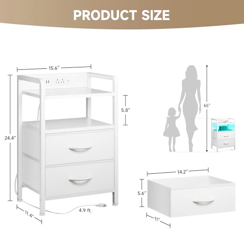 Lazzanto Night Stand Bedside Table Bedroom - White Nightstand with Charging Station & LED Light Strip, Morden Bed Side End Table with Storage Shelf & 2 Fabric Drawers, U-S-B Ports & AC Outlets - color: White, size: 2 Drawers
