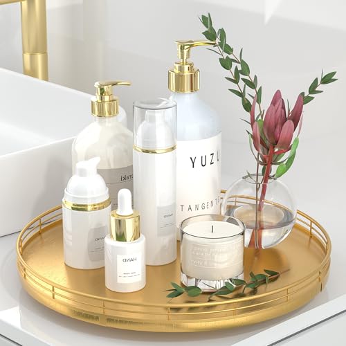 13" Gold Lazy Susan for Table Top, Oak Wood Lazy Susan Turntable Organizer for Dining Coffee Table Centerpiece Bar Decor Kitchen Countertop Bathroom Vanity Decorative Tray for Perfume Jewelry Round - color: Golden, size: 13
