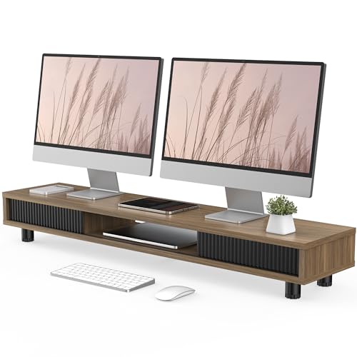 Fenge Dual Monitor Stand, 42.5inch Long Monitor Stands Riser for 2 Monitors, Sliding Door with Storage Organizer Stand for Desk, 2 Tier Desk Shelf for Laptop, Pc, Printer, Computer, TV - color: Brown