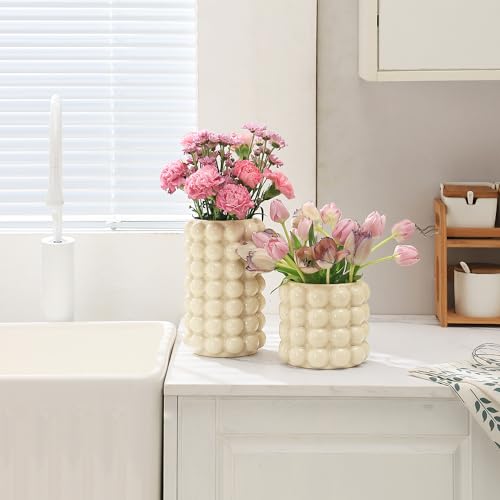 Bubble Vases, Set of 2 Ceramic Vase for Flowers, Boho Ceramic Flower Vases for Decor, Tall Bubble Vase for Living Room, Dining Table, Wedding, Mantel, Coffee Table(Beige) - color: Beige, size: Large+Medium