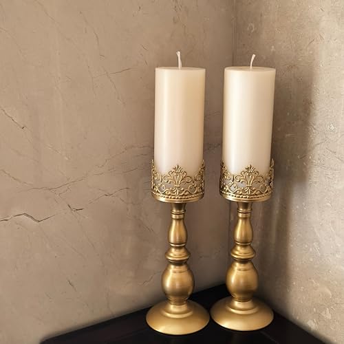 Candle Holders for Pillar Candles Gothic Matte Gold Vintage Tall Candle Holders Set of 2 Decorative Large Table Centerpieces Candle Stand Decor (Matte Gold 2PCS A) - color: Matte Gold 2pcs a