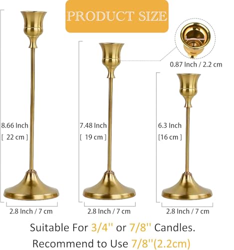 Gold Candlestick Holders, Gold Taper Candle Holders, Set of 3 Candle Stick Holders Set, Vintage Modern Decorative Centerpiece for Table Fireplace Mantel Wedding Party Dinning Housewarming Gift