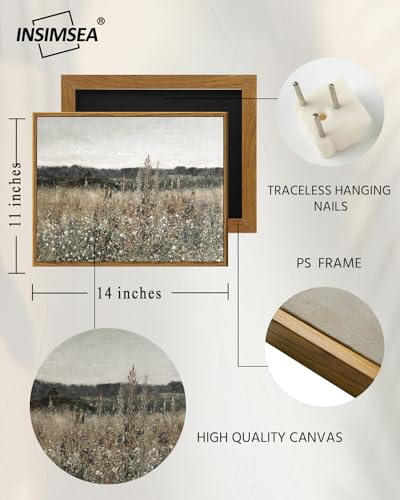 InSimSea Framed Canvas Wall Art Vintage Decor, Wildflower Field Canvas Wall Art Paintings Prints, Rustic Landscape Wall Decor for Bathroom Office, Office Dining Room Decor, 11"x14" - color: Champ Fleuri, size: 14"L x 11"W