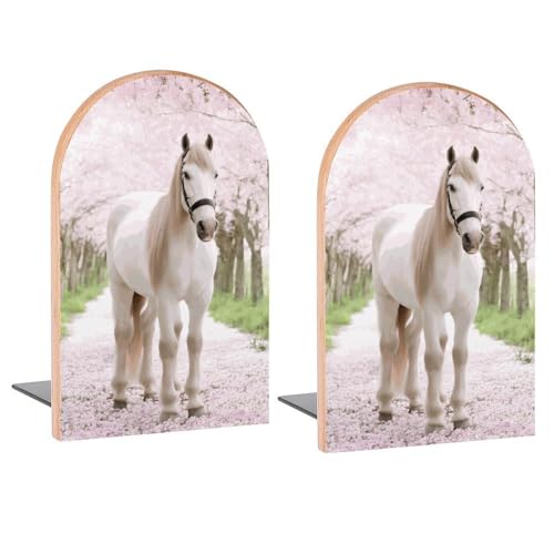 White Horse Book Ends Decorative Wood Bookends for Shelves Kids Room Desk Home Office Book Stoppers for Magazines,Books, DVDs, 1 Pair/2 Pieces(5x3.1 in)
