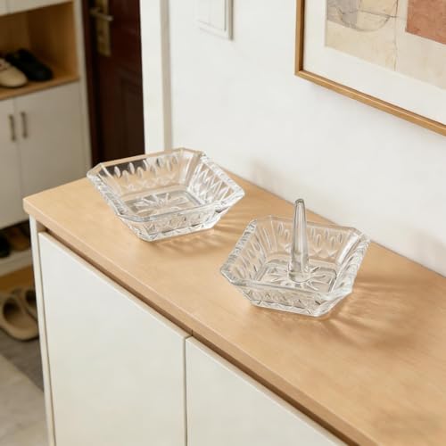 Clear Crystal Ring Holder Set of 2 Glass Jewelry Ring Dish Tray Gifts for Women on Engagement Wedding Party Mother's Day - color: clear-square