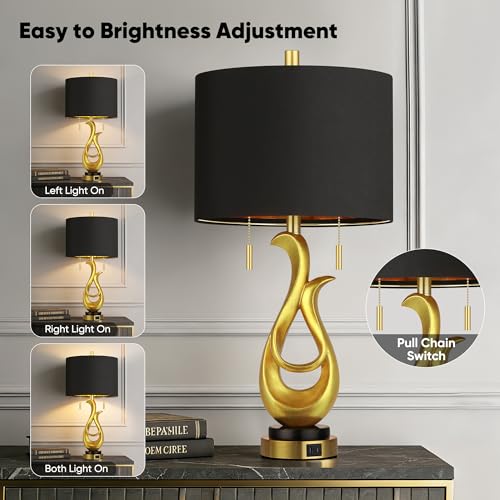 Modern Luxury Table Lamps, Gold Sculptural Bedside Lamps, Gold Leaf Finish Nightstand Lamps, 26'' Table Lamp with S Cluster Pull Chain Switch for Bedroom, Desk Lamp with USB Ports, 4 Bulbs Included