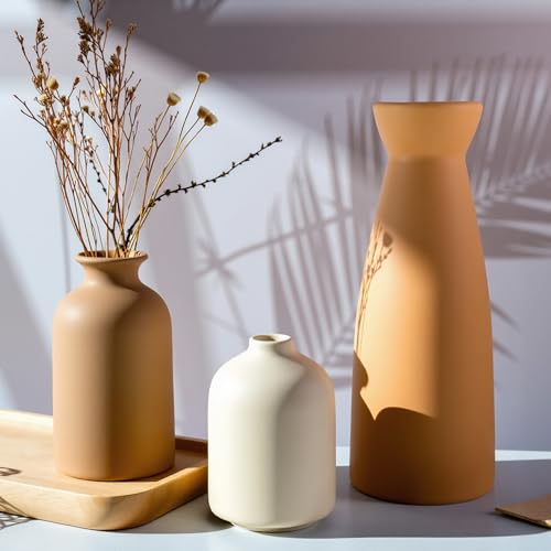 Ceramic Small Vase Set of 3,Modern Boho Farmhouse Home Decor,Pampas Grass Vase,Minimalist Decor,for Entryway Table,Bookshelf,Living Room, Bedroom,Kitchen,Coffee Table Decoration - color: Coffee Mix