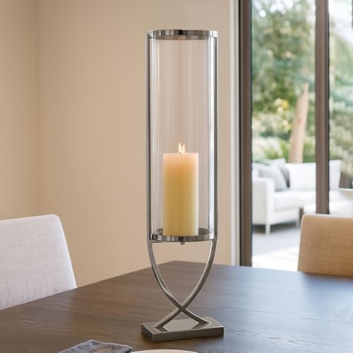 Contemporary Metal and Glass Hurricane Candle Holder - Decorative Pillar Candlestick Holder for Table Centerpiece - Elegant Home Decor Accents for Any Special Occasion Decoration - 31" Silver - color: Silver, size: 31"