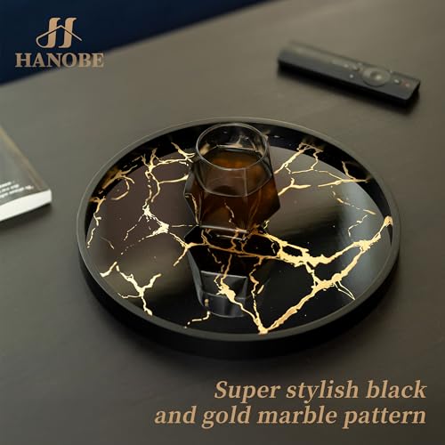 Hanobe Decorative Tray for Home Decor: Black Imitation Marble Round Serving Tray 11.8" Modern Coffee Table Centerpiece for Display Bar Table Living Room Entryway Kitchen Corner
