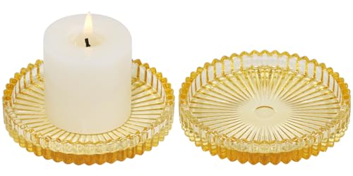 Vixdonos 3.8 Inch Glass Pillar Candle Holder Set Pack 2 Gear Round Plate Serrated Candle Stand for Table Centerpieces,Party, Wedding and Home Decor - color: Yellow