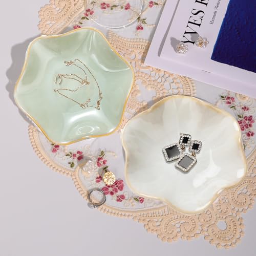 Binoster 2 Pcs Ceramic Jewelry Dish, Jewelry Tray Key Tray,Small Ring Dish Holder Jewelry Plate Trinket Dish Catchall Tray Nightstand Decor For Table Room Decor SM (4.3 In, White,Green) - color: White + Green, size: 4.3 inches