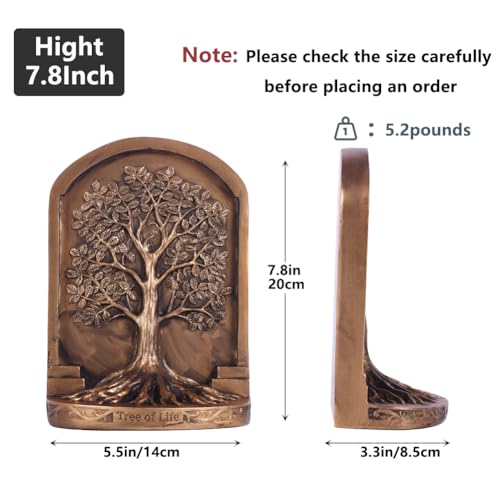 Large Vintage Tree of Life Bookends Set – 2 Non-Skid Heavy Bookends, Antique Bronze Finish Resin Decorative Bookends for Heavy Books, Office, Library, Bookshelf, Living Room, Housewarming Gift - color: Vintage Brass Tone
