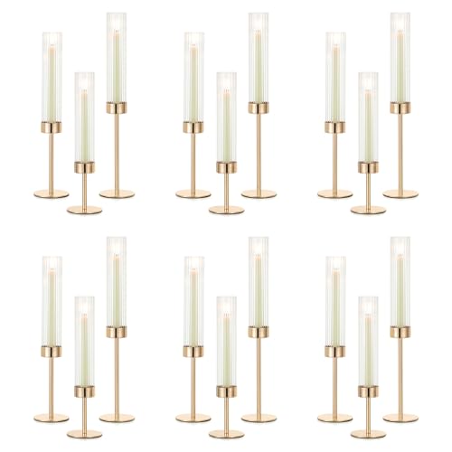 NUPTIO Hurricane Glass Candles Holder: 18 Pcs Gold Taper Candle Stick Holder Bulk - Modern Candlestick Decor with Tall Ribbed Chimney Sleeve for Thanksgiving Christmas Centerpiece - color: Ribbed, size: 18pcs