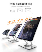 Orlian Tablet Stand Holder with Thickened 360°Rotating Base Dual Rod Adjustable Aluminum Stand for All 5.8-12.9” iPad Samsung Phone Tablet Kindle E-Reader and More, Silver - color: Silver