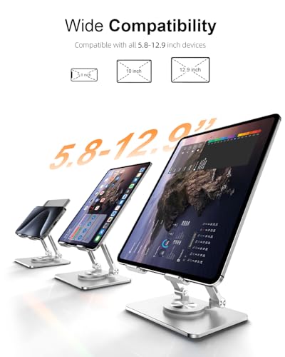 Orlian Tablet Stand Holder with Thickened 360°Rotating Base Dual Rod Adjustable Aluminum Stand for All 5.8-12.9” iPad Samsung Phone Tablet Kindle E-Reader and More, Silver - color: Silver