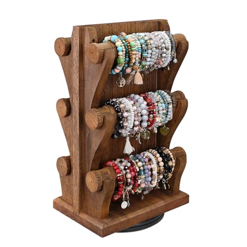 Ikee Design Two-Sided Rotating Wooden Jewelry Bracelet Display Stand-6 Removable Holders, 3 Tier Bar Bangle Organizer-Perfect for Bracelets and Jewelry Display for Vendors, Brown Color - color: 1) Brown, 6 Bars