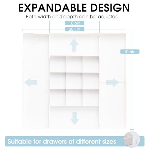 MIUOPUR Expandable Drawer Organizer, Width (10.6"-20.1") Depth (11"-20.1"), Plastic Makeup Drawer Organizer with 6 Removable Dividers, Silverware Organizer, Great for kitchen and Bathroom Drawers - color: White