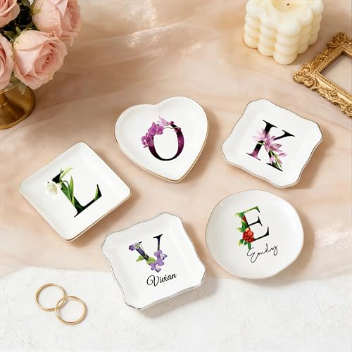 Custom Ceramic Ring Dish, Personalized Jewelry Tray with Initial, Earrings Necklaces Bracelet Watch Keys Trinket Holder for Nightstand, Mothers Day Bridesmaid Bestie Gift for Women - color: Initial & Name