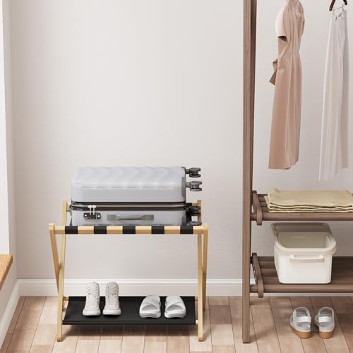 Smuxee Natural Bamboo Luggage Rack for Guest Room, Foldable Suitcase Stand with Storage Shelf, Easily Assembled Luggage Stand with 5 Nylon Straps for Guest Room Bedroom Hotel - color: Natural 1PCS