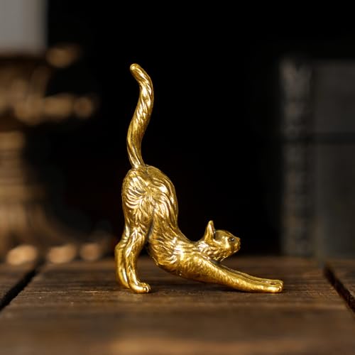 CHOVY Retro Seductive Cat Sculpture-Elegant Stretched Pose 100% Solid Brass Handcrafted - Ideal Home Decor Desk Ornament Collectible Art Piece Office Accent Artistic Scene Decoration - style: Seductive Cat