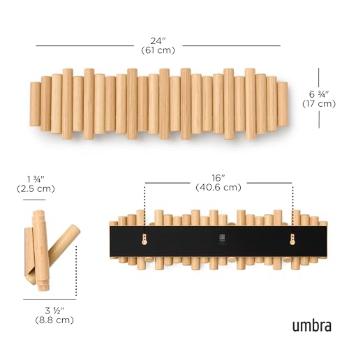 Umbra Picket Coat Rack with 8 Hooks – Natural Wall-Mounted Coat Rack with Flip-Down Wooden Hooks, Real Pine Wood Decorative Wall Storage for Jackets, Hats, Scarves, Bags, Entryway, Bedroom Living Room - color: Natural, size: 8-Hook