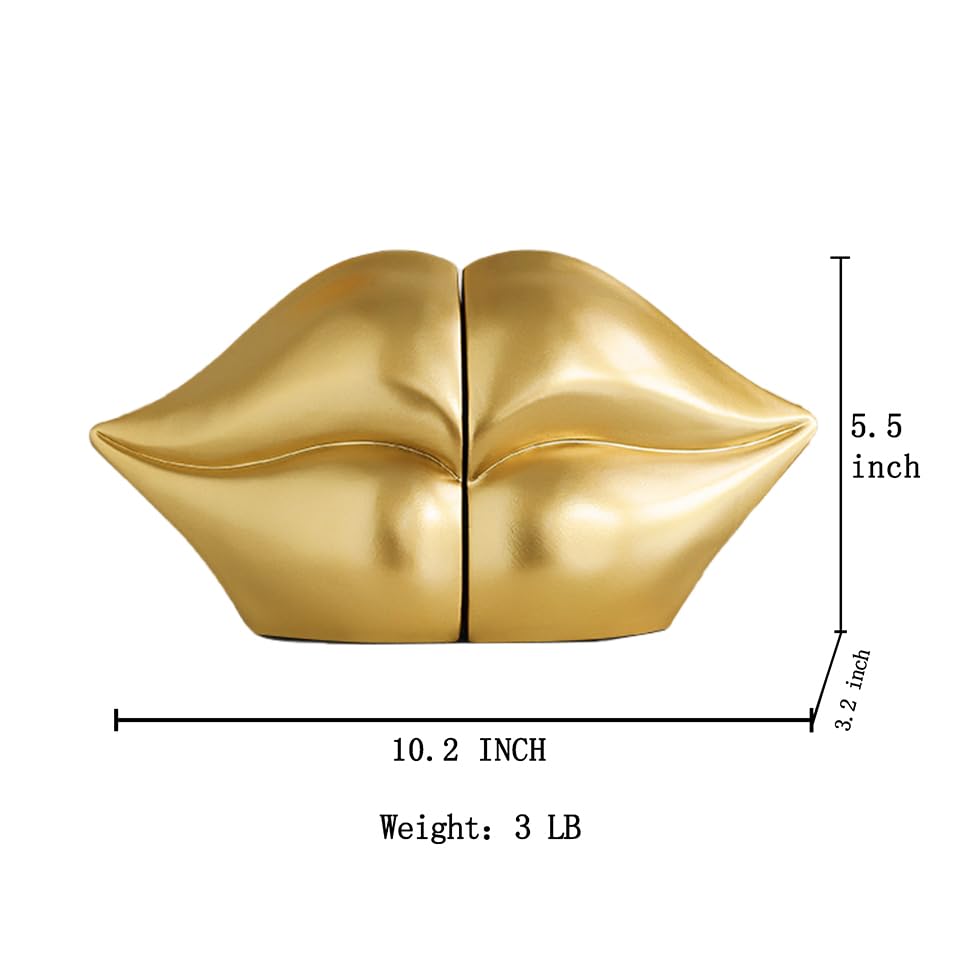 Gold Lips Decorated Bookends，Set of 2 Heavy Decorative Book Stoppers，Unique Resin Decoration，Creative Desktop Gold Decor for Study Room Hotel Office Shelves - color: Gold Lips