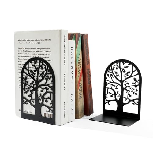 YXQ Book Ends for Shelves Decorative,Tree Metal Bookend Supports for Home Office School Heavy Books, Set of 3 Black Book Holders for Shelf Unique Decoration Book Stoppers