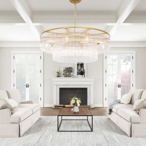 Gold Glass Chandelier Lighting Modern, 10 Light 2 Tier High Ceiling Chandelier Fixture Foyer Dining Room Ceiling Hanging Pendant Lighting Living Room 32" - size: Medium Gold (32" x 70")