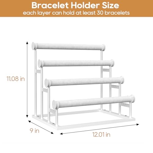 ORLESS 4 Tier Bracelet Holder, 2 Pack Detachable Velvet Jewelry Display Stand, T-Bar Necklace Storage Organizer Display Stand, Metal Bracelet Holder Display for Bangles Watch Scrunchies(White) - color: White-2Pack