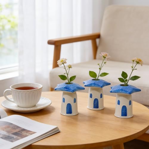 MOUGIGI Cute Blue House Ceramic Bud Vase Set of 3 - Handmade Miniature Vase with Star Roof for Dried Flowers, Chic Japandi Style Decor for Entryway, Dining,Coffee Table - Ideal Small Gift for Home - color: 3 Pcs Birdhouse Bud Vase