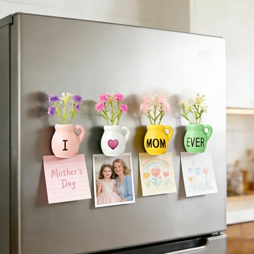 4 Pcs Mini Vase Fridge Magnets, Cute Ceramic Refrigerator Magnets with Artificial Flowers, Ideal for Mother’s Day and Birthday Gifts, Kitchen and Office Decor