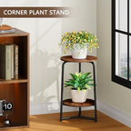 YINMIT Plant Stand Indoor, 2 Tier Small Plant Stand, Metal Wood Plant Shelf Holder, Corner Flower Pot Stands for Balcony Garden Patio Living Room, Rustic Brown Flower Stand for Indoor Plants