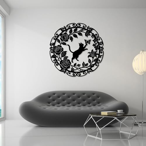 GlintHome Large Metal Cat Wall Art Decor Butterflies and Cats Black Wall Hanging Decor Silhouette for Home Bedroom Living Room Bathroom Kitchen Office Garden Wall Decoration - color: Black-2, size: Large