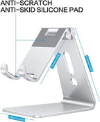 Adjustable Cell Phone Stand, OMOTON Aluminum Desktop Cellphone Stand with Anti-Slip Base and Convenient Charging Port, Fits All Smart Phones, Silver - color: Silver