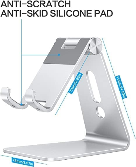 Adjustable Cell Phone Stand, OMOTON Aluminum Desktop Cellphone Stand with Anti-Slip Base and Convenient Charging Port, Fits All Smart Phones, Silver - color: Silver