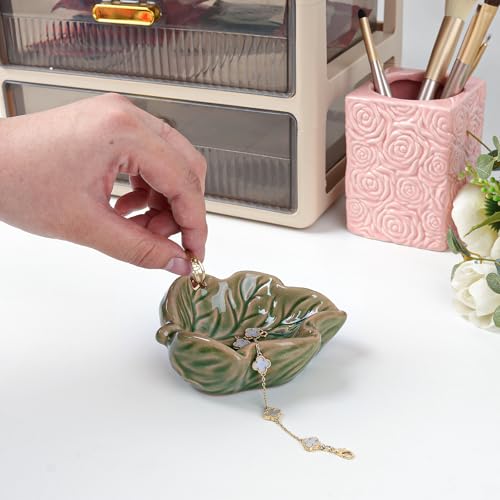 Jewelry Tray, Ceramic Leaves Jewelry Dish, Ring Holder Dish, Small Trinket Tray, Washable Key Bowl(Green) - color: Green